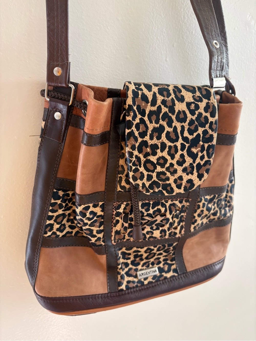 Leopard-Panel Brown Leather Shoulder Bag Argentina